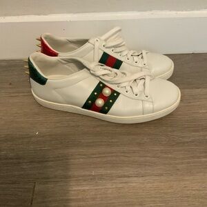 Gucci White Sneakers with Red and Green Accents